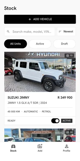 The AutoCloud app's stock screen, showing a 2024 Suzuki Jimny loaded and set to active.