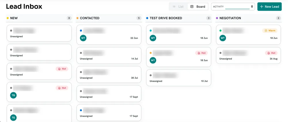 The AutoCloud Lead Hub board, with leads sorted into New, Contacted, Test Drive Booked and Negotiation. Lead names are blurred.