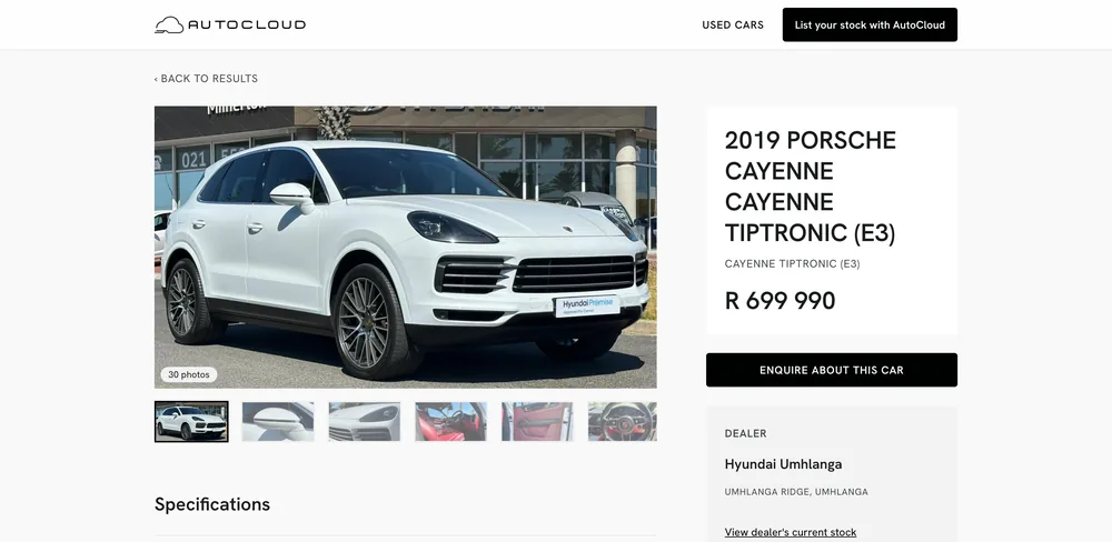 A 2019 Porsche Cayenne listed on the AutoCloud Marketplace, with its photos, price and an enquiry button.